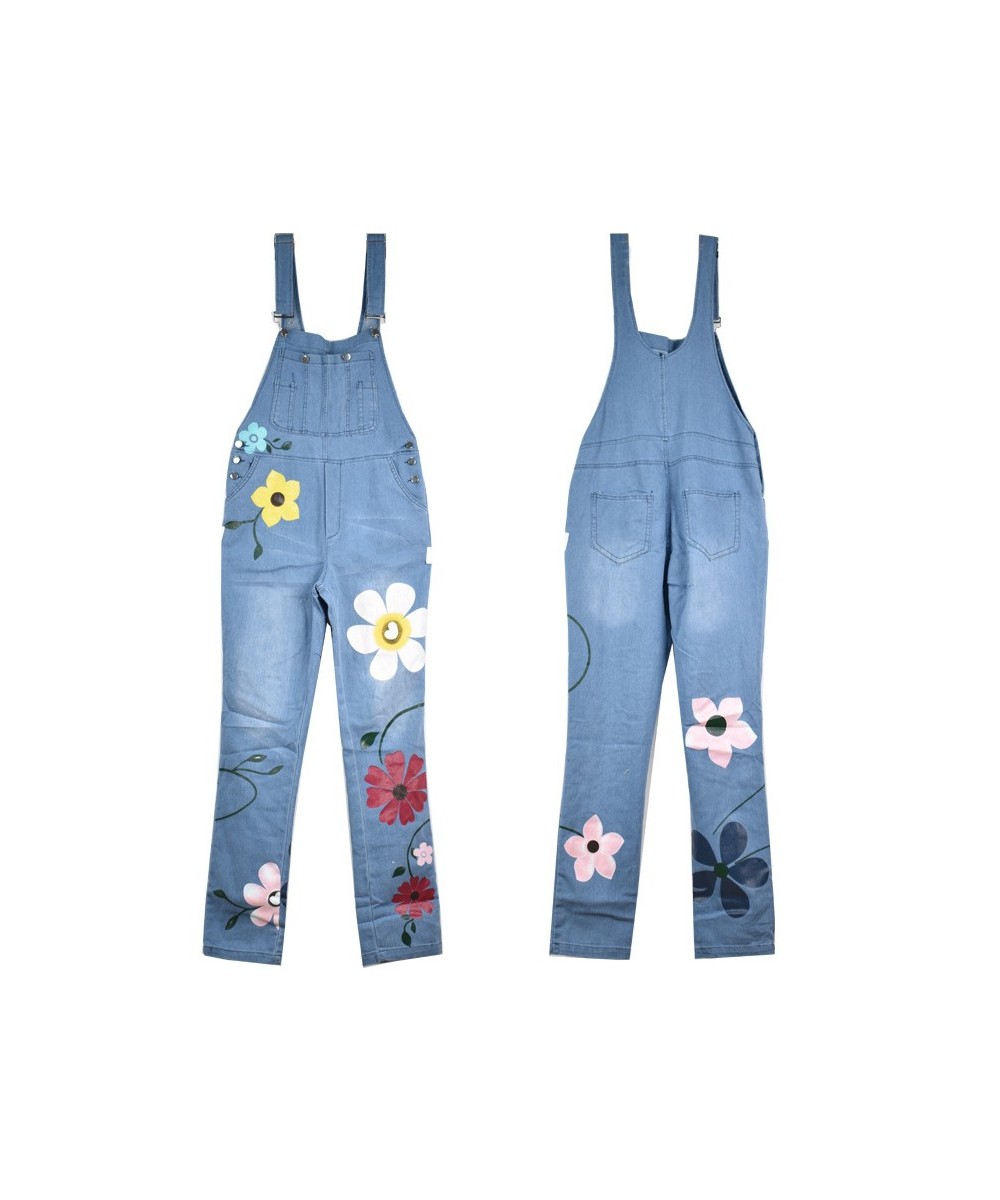 New Spring Autumn Jumpsuit Women Blue Long Denim Jeans Casual Floral Printed Pocket Jeans Romper Trendy Femme Long Overalls $...