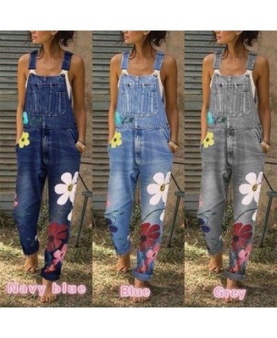 New Spring Autumn Jumpsuit Women Blue Long Denim Jeans Casual Floral Printed Pocket Jeans Romper Trendy Femme Long Overalls $...