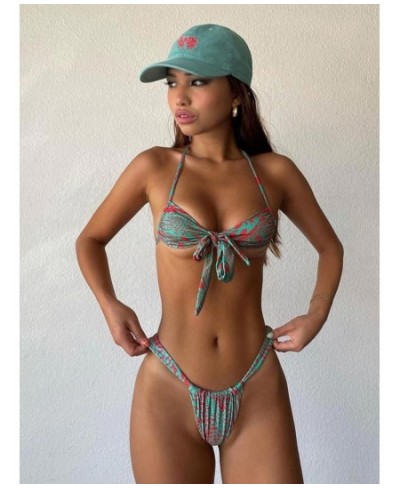 Bikinis 2023 Sexy Floral Swimsuit Woman Green Color Swimwear Micro Thong High Cut Bikini Set Strapless Biquini Bathing Suits ...