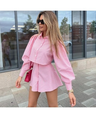 Plaid Culottes Shorts Sets Shirt Collar Matching Suits Blouse Long Sleeve Top Outfits Summer Autumn Women Two Piece Set $41.5...