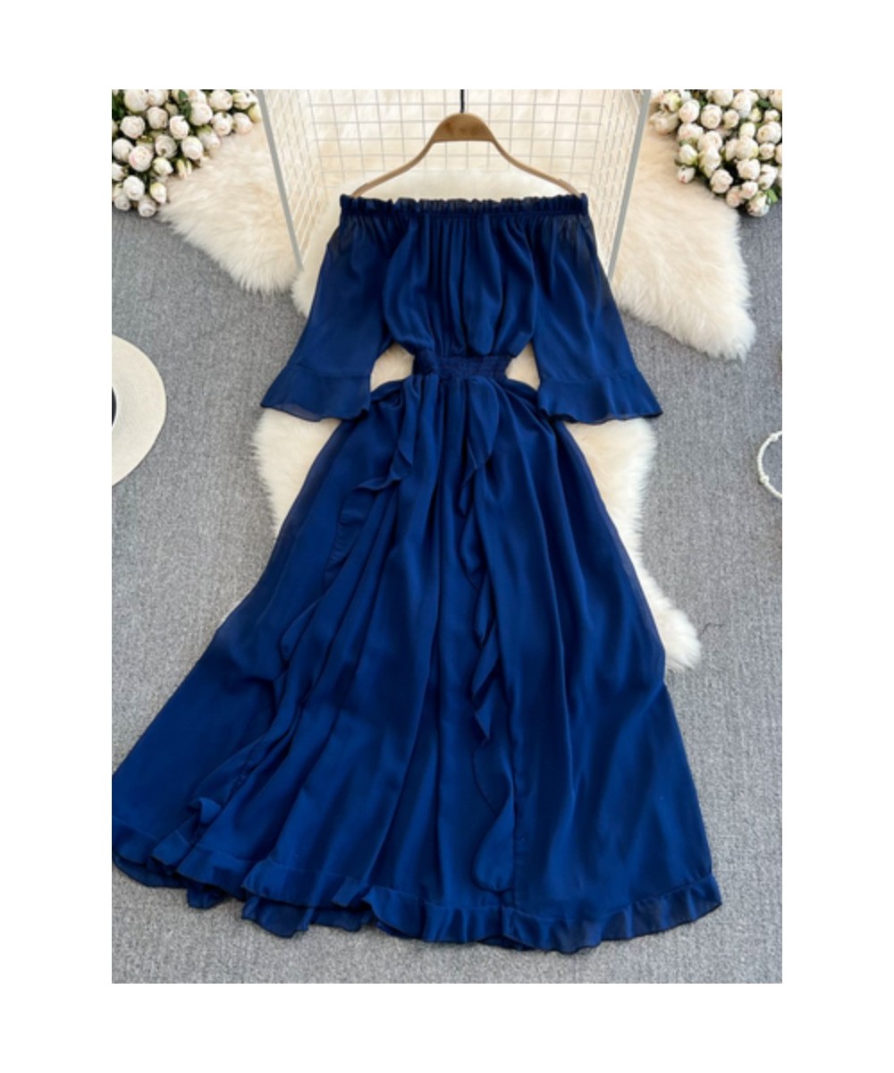 Elegant Chiffon Casual Dress Women Half Sleeve Sexy Off Should Vintage Party Dresses Ladies High Waist Solid Ruffles Long Rob...