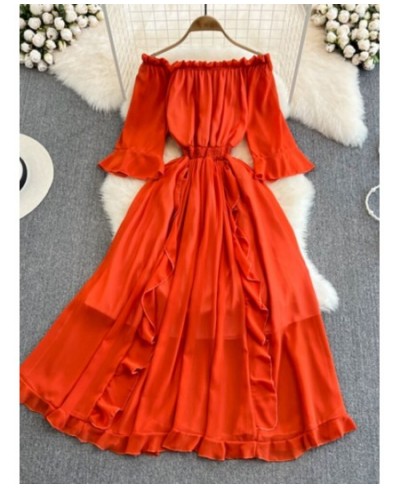 Elegant Chiffon Casual Dress Women Half Sleeve Sexy Off Should Vintage Party Dresses Ladies High Waist Solid Ruffles Long Rob...