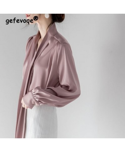 Satin Elegant Chic Ribbon Collar Long Sleeve Office Lady Shirt Spring Korean Fashion Simple Loose Solid Blouse Top Women Blus...