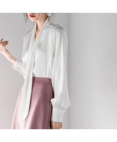 Satin Elegant Chic Ribbon Collar Long Sleeve Office Lady Shirt Spring Korean Fashion Simple Loose Solid Blouse Top Women Blus...