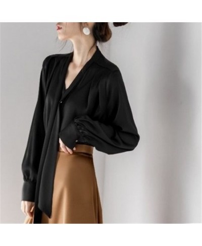 Satin Elegant Chic Ribbon Collar Long Sleeve Office Lady Shirt Spring Korean Fashion Simple Loose Solid Blouse Top Women Blus...