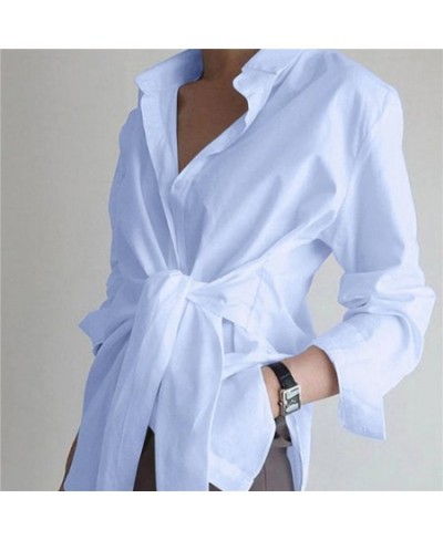 Spring New Women Blouse Turn Down Collar Button Sashes Design Shirts Casual Solid Color Antumn Long Sleeve Female Blouse Tops...