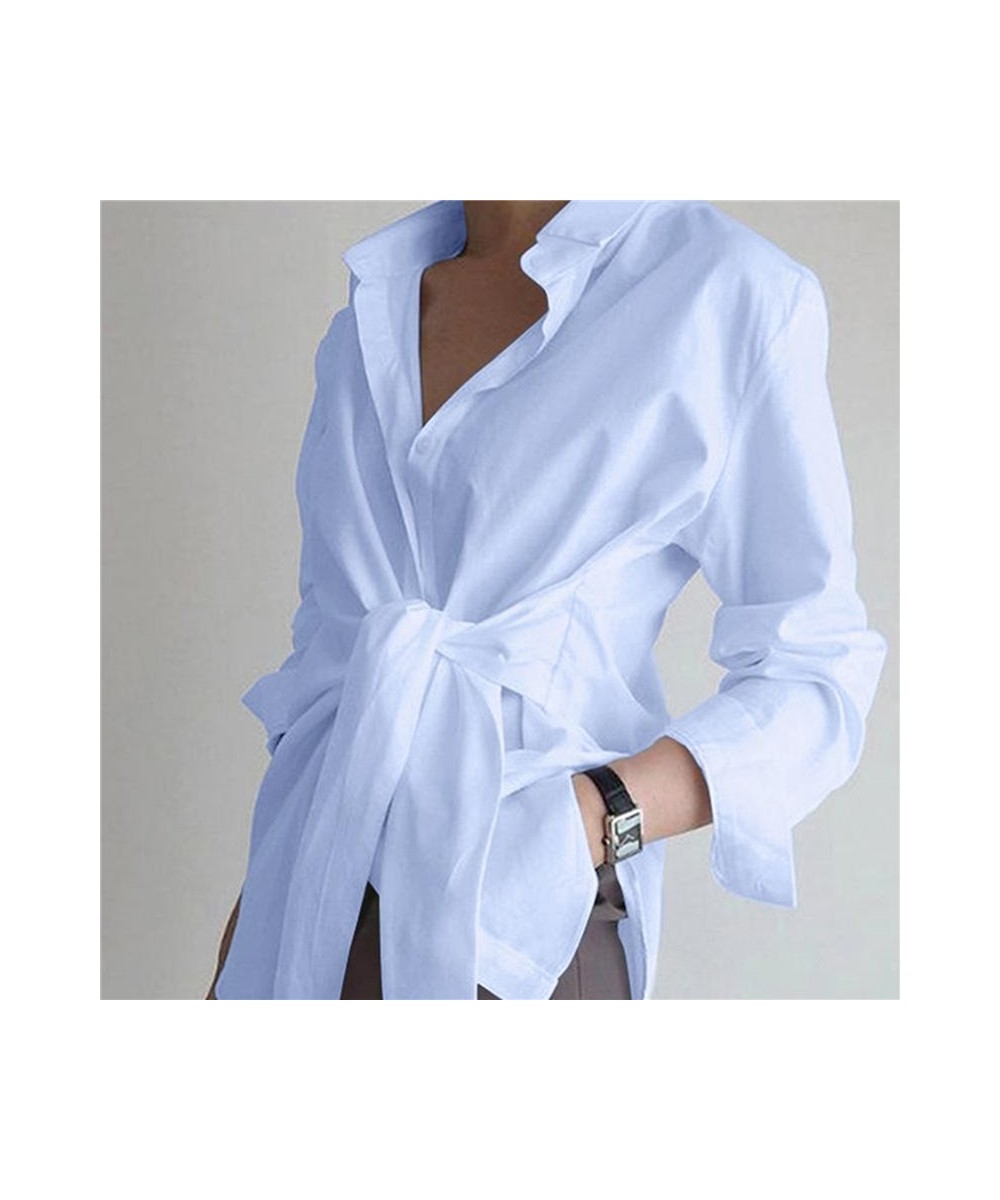 Spring New Women Blouse Turn Down Collar Button Sashes Design Shirts Casual Solid Color Antumn Long Sleeve Female Blouse Tops...