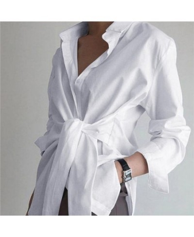 Spring New Women Blouse Turn Down Collar Button Sashes Design Shirts Casual Solid Color Antumn Long Sleeve Female Blouse Tops...