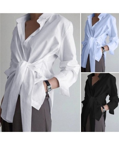 Spring New Women Blouse Turn Down Collar Button Sashes Design Shirts Casual Solid Color Antumn Long Sleeve Female Blouse Tops...