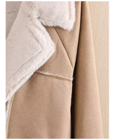 Plus Size Women's Winter Long Sleeve Lapel Coat Faux Deerskin Composite Lambswool Padded Jacket Double-Breasted Biker Jacket ...