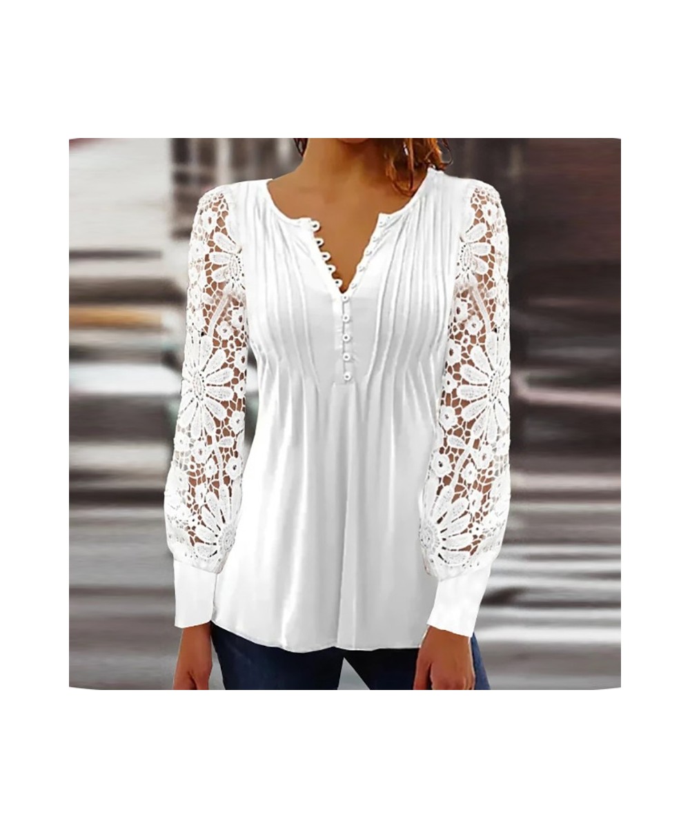 Chic Embroidery Hollow Out Flower Lace Blouse Shirt Sexy Buttoned V Neck Female Shirts Women Elegant Long Sleeve Tops Pullove...