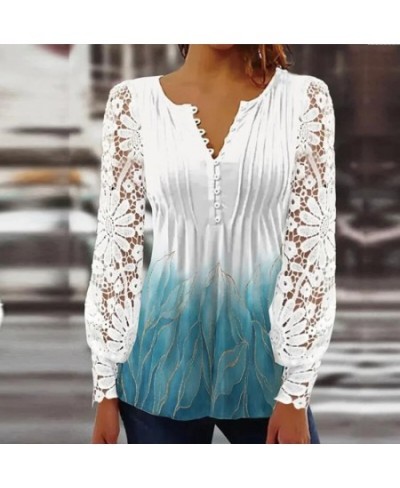 Chic Embroidery Hollow Out Flower Lace Blouse Shirt Sexy Buttoned V Neck Female Shirts Women Elegant Long Sleeve Tops Pullove...