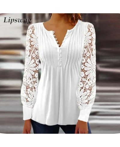 Chic Embroidery Hollow Out Flower Lace Blouse Shirt Sexy Buttoned V Neck Female Shirts Women Elegant Long Sleeve Tops Pullove...