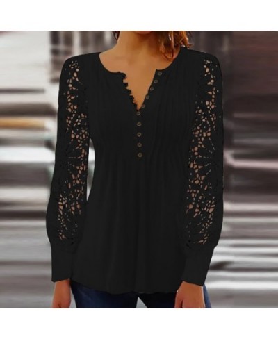 Chic Embroidery Hollow Out Flower Lace Blouse Shirt Sexy Buttoned V Neck Female Shirts Women Elegant Long Sleeve Tops Pullove...