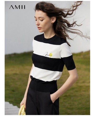 Minimalism 2023 Spring T-shirt for Women New Striped short sleeve Smile Face Loose T-shirts Elegant Summer Tees 12321035 $76....