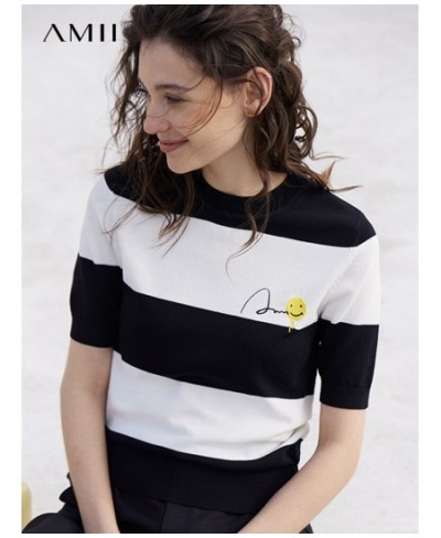 Minimalism 2023 Spring T-shirt for Women New Striped short sleeve Smile Face Loose T-shirts Elegant Summer Tees 12321035 $76....