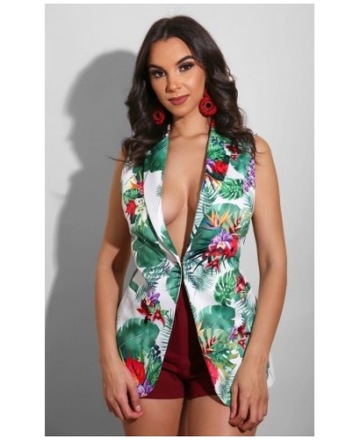 White Green Sleeveless Floral Print Blazer Women 2023 Summer Fashion Plus Size Hidden Breasted Suits Mid Length Slim Blazers ...