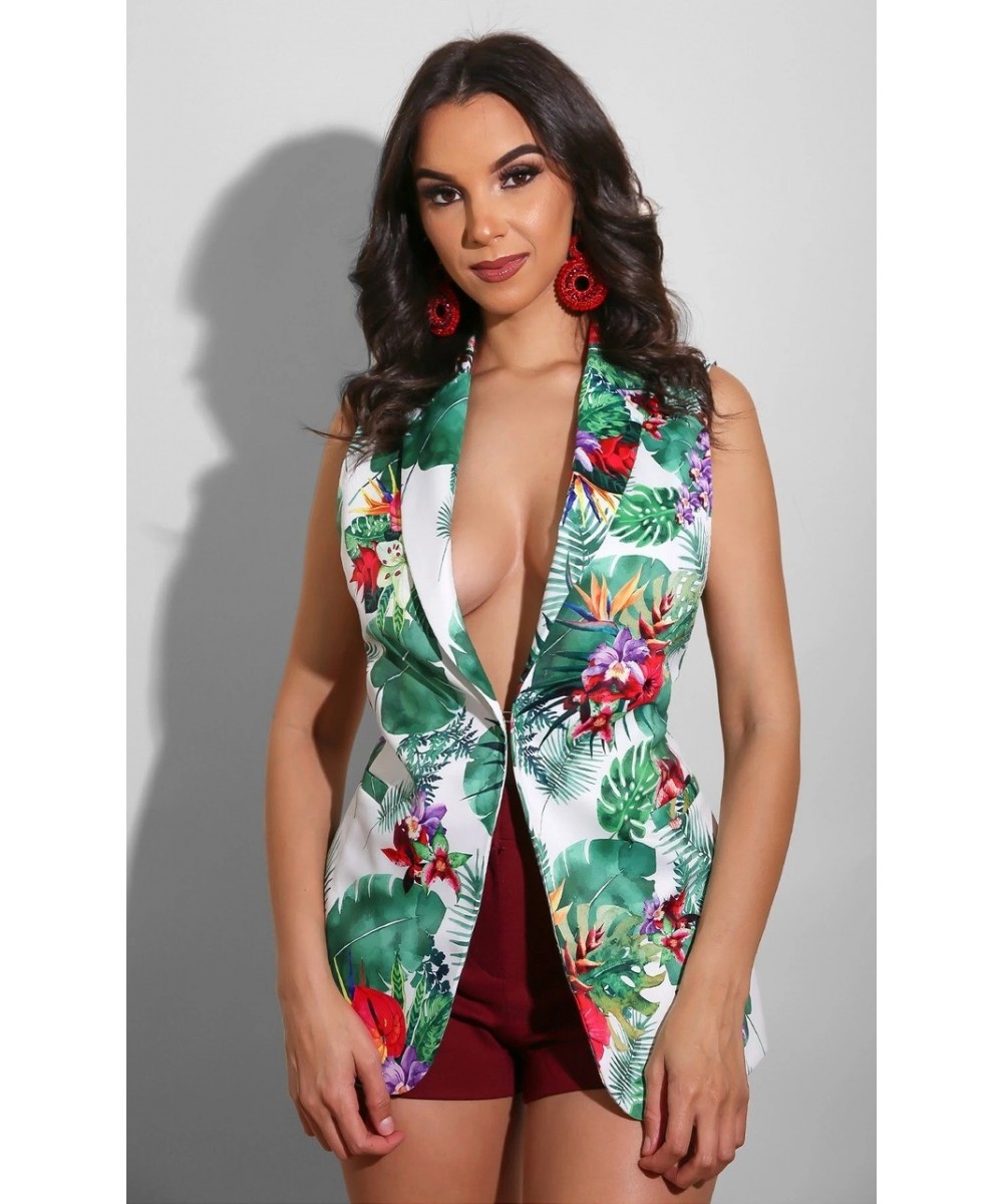 White Green Sleeveless Floral Print Blazer Women 2023 Summer Fashion Plus Size Hidden Breasted Suits Mid Length Slim Blazers ...