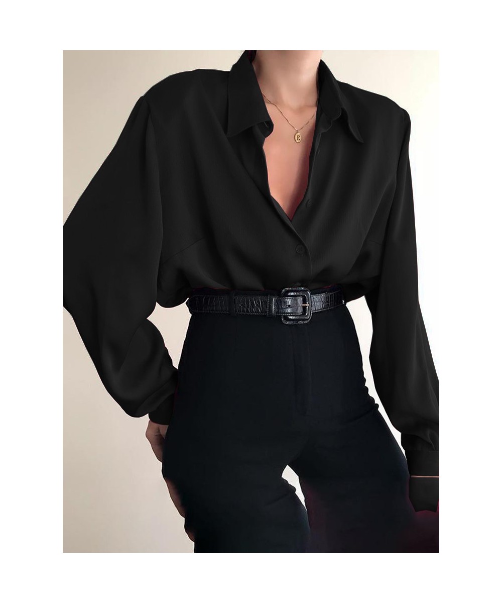 Women Button Blouses Turn Down Collar Shirts Office Lady Long Sleeve Casual Blouse Loose OL Shirt Baggy Tops Red/Wine Red $25...