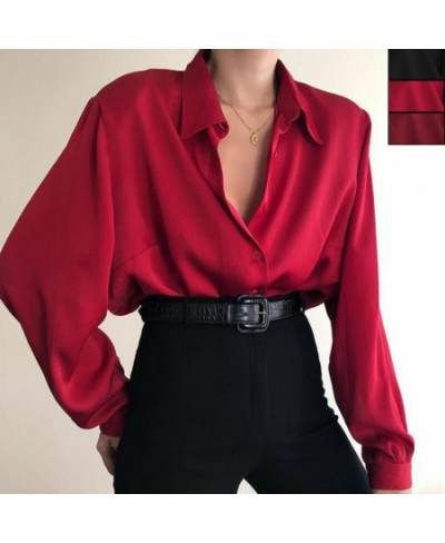 Women Button Blouses Turn Down Collar Shirts Office Lady Long Sleeve Casual Blouse Loose OL Shirt Baggy Tops Red/Wine Red $25...