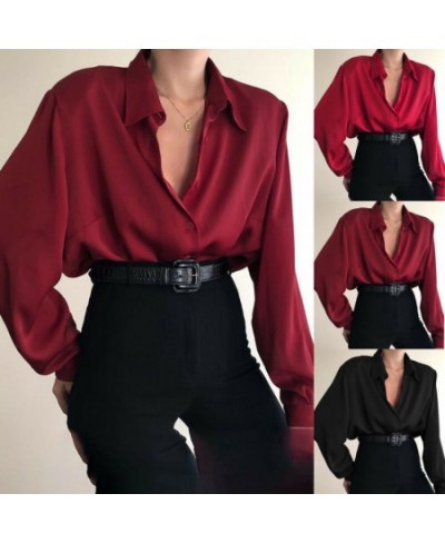 Women Button Blouses Turn Down Collar Shirts Office Lady Long Sleeve Casual Blouse Loose OL Shirt Baggy Tops Red/Wine Red $25...