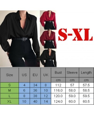 Women Button Blouses Turn Down Collar Shirts Office Lady Long Sleeve Casual Blouse Loose OL Shirt Baggy Tops Red/Wine Red $25...