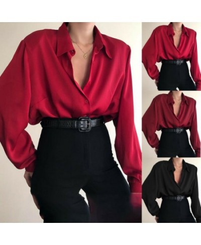 Women Button Blouses Turn Down Collar Shirts Office Lady Long Sleeve Casual Blouse Loose OL Shirt Baggy Tops Red/Wine Red $25...