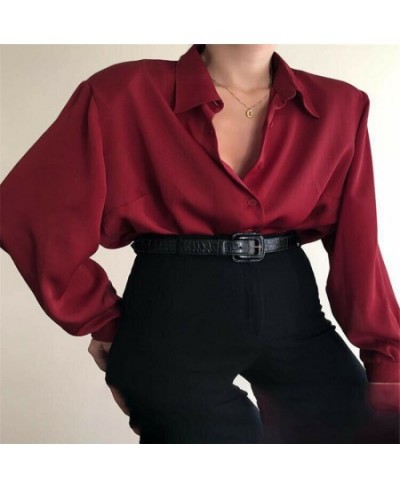 Women Button Blouses Turn Down Collar Shirts Office Lady Long Sleeve Casual Blouse Loose OL Shirt Baggy Tops Red/Wine Red $25...