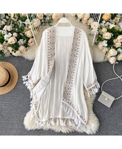 White Cotton Ethnic Embroidery Kimono Robe Woman Long Blouse Cardigan Summer Boho Beach Tassle Bohemian Bikini Cover Up $43.8...