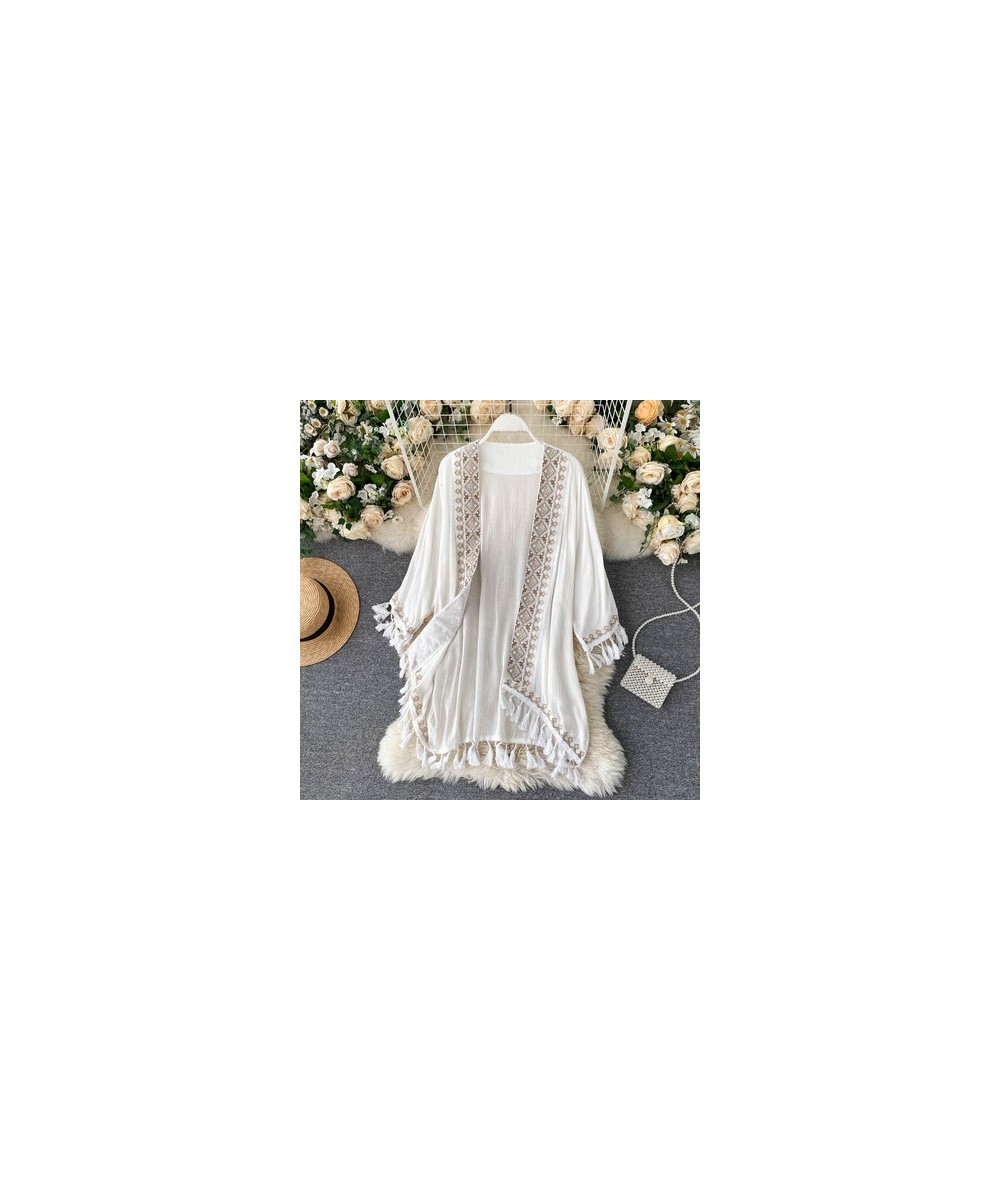 White Cotton Ethnic Embroidery Kimono Robe Woman Long Blouse Cardigan Summer Boho Beach Tassle Bohemian Bikini Cover Up $43.8...