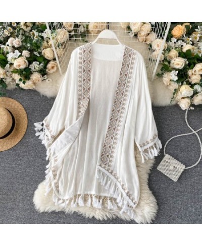 White Cotton Ethnic Embroidery Kimono Robe Woman Long Blouse Cardigan Summer Boho Beach Tassle Bohemian Bikini Cover Up $43.8...