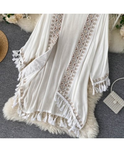 White Cotton Ethnic Embroidery Kimono Robe Woman Long Blouse Cardigan Summer Boho Beach Tassle Bohemian Bikini Cover Up $43.8...