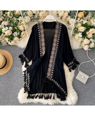 White Cotton Ethnic Embroidery Kimono Robe Woman Long Blouse Cardigan Summer Boho Beach Tassle Bohemian Bikini Cover Up $43.8...