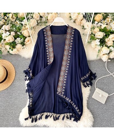 White Cotton Ethnic Embroidery Kimono Robe Woman Long Blouse Cardigan Summer Boho Beach Tassle Bohemian Bikini Cover Up $43.8...