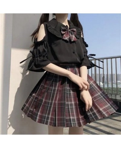 Student Loose Design Sense Versatile Off-The-Shoulder Shirt + Plaid Pleated Skirt College Style Two-Piece Suit /Set Tops Skir...