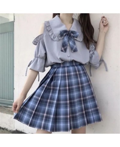 Student Loose Design Sense Versatile Off-The-Shoulder Shirt + Plaid Pleated Skirt College Style Two-Piece Suit /Set Tops Skir...