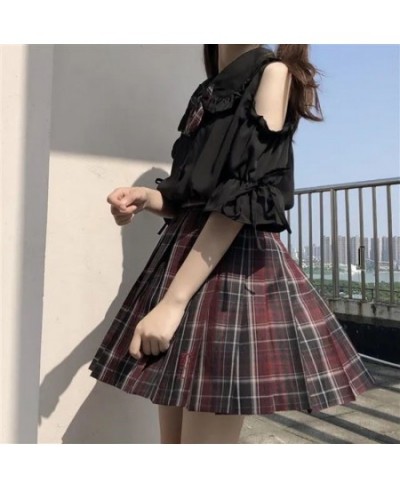 Student Loose Design Sense Versatile Off-The-Shoulder Shirt + Plaid Pleated Skirt College Style Two-Piece Suit /Set Tops Skir...