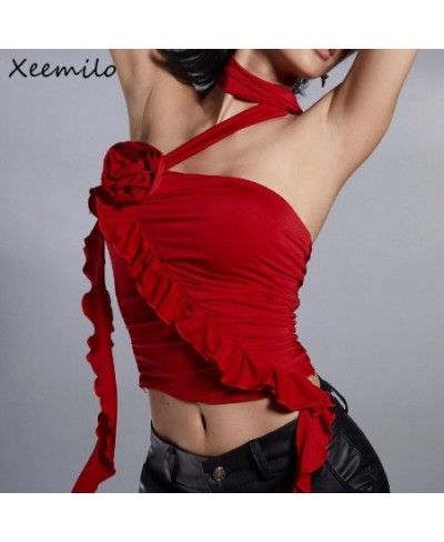 Y2K Strapless Ruffles Tube Tank Top Sexy Solid Flower Bandage Backless Crop Tops Women Streetwear Cute Vintage Camisole $22.8...