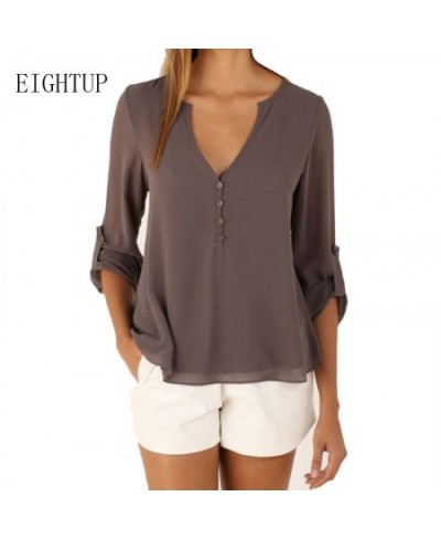 Women Solid Blouse Tops V-neck Vintage Spring Autumn Shirt Clothing Casual Roll Up Sleeve Chiffon Blouse Blusas Blusa $55.50 ...