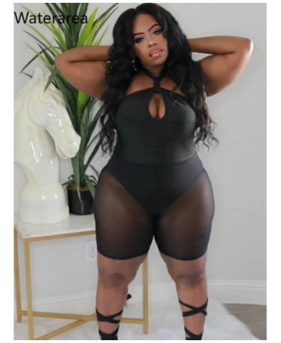 Plus Size Mesh Perspective Women's Clothing Sexy Halter Backless Short+Short Pants Suit Casual Sporty Two Piece Set $36.62 - ...