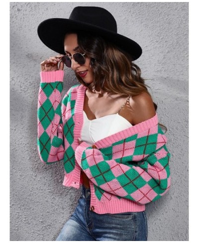 Cardigan Women Long Sleeve Sweater Button Up V Neck Plaid Cardigans Autumn Winter Tops Skinny Streetwear Pink Knitted Jumper ...