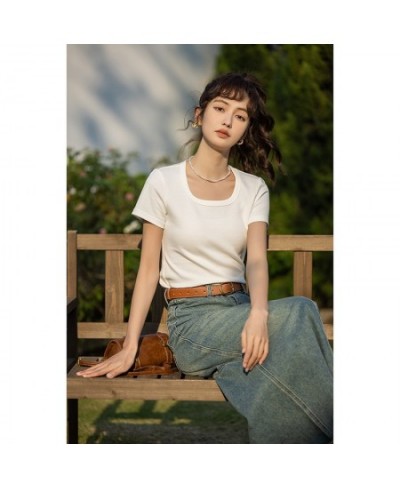 Short Sleeve T-shirts Women 2023 Spring Solid Square-neck Top Elegant Woman Clothes Office Lady Cotton Tees MXC12T0641 $43.61...