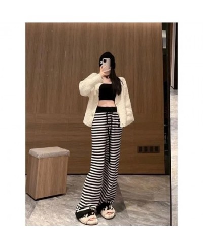 Y2k Korean Loose Elastic High Waist Streetwear Harajuku Knitted Pants Baggy Striped Print Vintage Gothic Straight Knit Trouse...