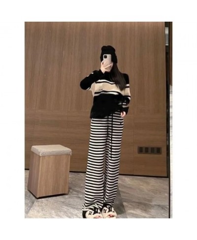 Y2k Korean Loose Elastic High Waist Streetwear Harajuku Knitted Pants Baggy Striped Print Vintage Gothic Straight Knit Trouse...