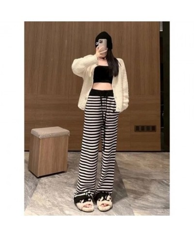 Y2k Korean Loose Elastic High Waist Streetwear Harajuku Knitted Pants Baggy Striped Print Vintage Gothic Straight Knit Trouse...