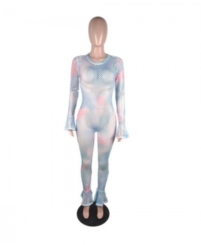 Mesh See Through Bodysuit Tie Dye Print O-neck Long Sleeve Ruffles Sexy Nightclub Jumpsuit For women 2023 Summer New $39.89 -...