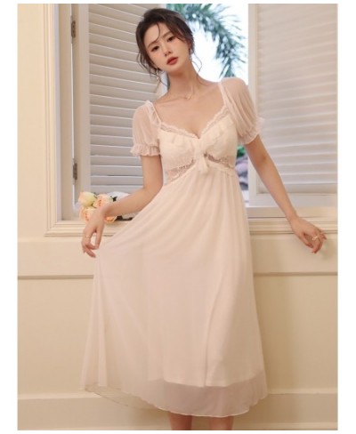 French Victorian Nightdress Short Sleeve Pajamas Women Summer Mesh Sexy V-Neck Lace Fairy Princess Homewear Princess Nightgow...