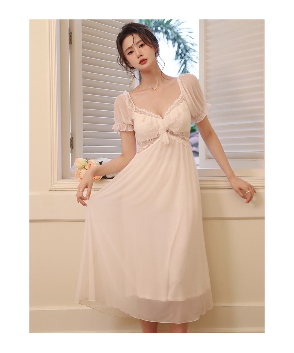 French Victorian Nightdress Short Sleeve Pajamas Women Summer Mesh Sexy V-Neck Lace Fairy Princess Homewear Princess Nightgow...