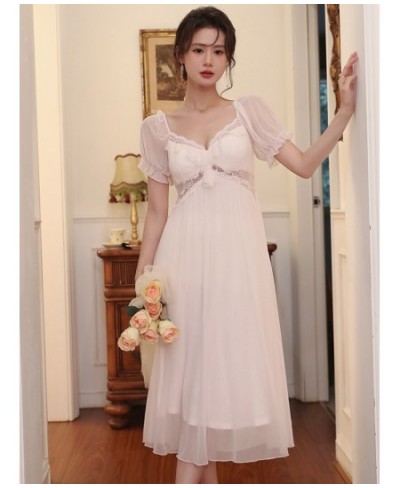 French Victorian Nightdress Short Sleeve Pajamas Women Summer Mesh Sexy V-Neck Lace Fairy Princess Homewear Princess Nightgow...