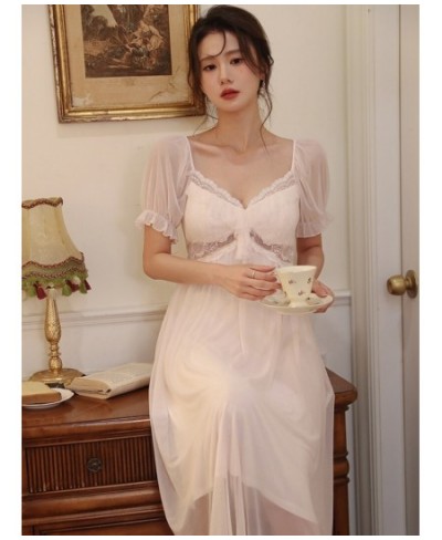 French Victorian Nightdress Short Sleeve Pajamas Women Summer Mesh Sexy V-Neck Lace Fairy Princess Homewear Princess Nightgow...